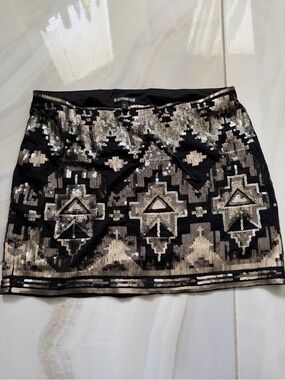 Express Black Sequin Mini Skirt with Silver Geometric Pattern